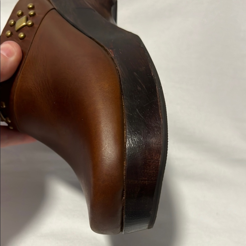 Nicole Sheila Brown Leather Wooden Clog Women's Size 8 Studded Boho Chunky Heel - Picture 12 of 15